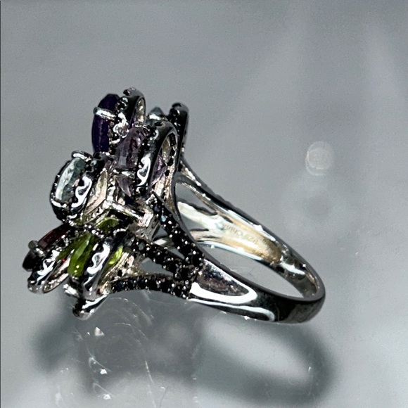 NWOT Multi Genuine Gemstone Sterling Silver Designer Floral Themed Ring Bohemian - Picture 6 of 7